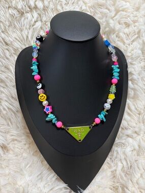 Upcycled Prada Neon Green Triangle Logo Charm Beaded Necklace